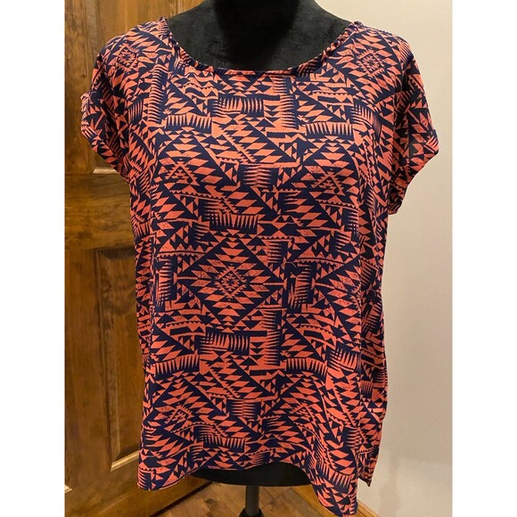 Pink Rose Top Womens Blouse Size Large  Short Sleeve Zipper Back Orange Navy - Picture 3 of 9